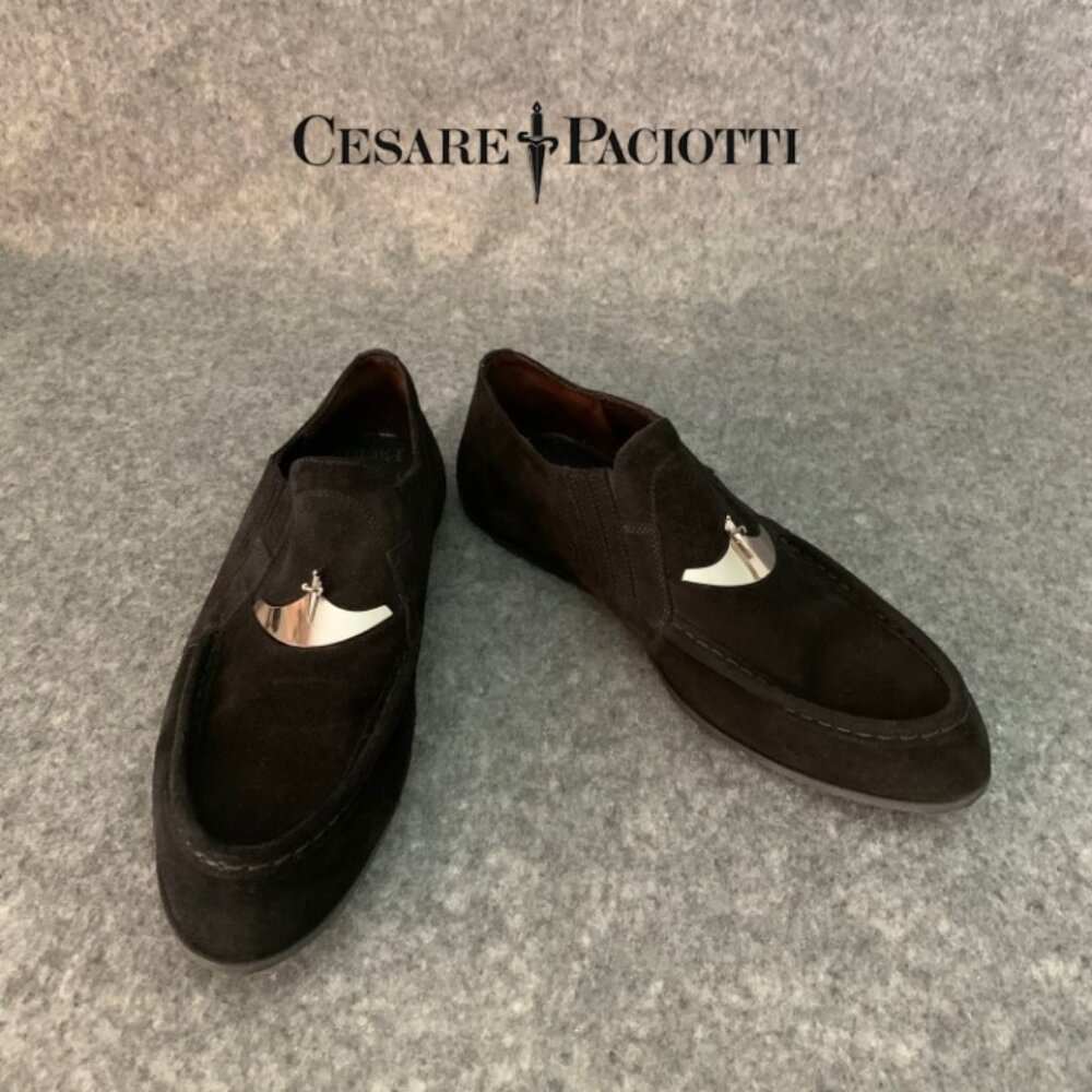 Cesare Paciotti Men's Black Leather Slip On Suede Loafers Shoes